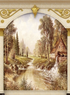 X01128玄关复式楼沙发墙仿真护板立体仿板浮雕罗马柱雕花金色壁画