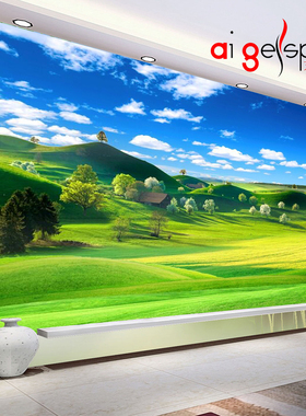 FJ0995蓝天白云草地高清晰空间延伸护眼3d立体电视墙沙发墙卧室墙