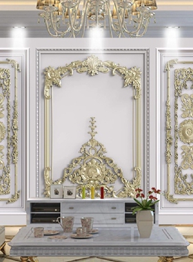 X758环保电视背景墙16d立体仿真护墙板金色浮雕雕花简欧式无纺布