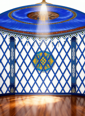 蒙古包3D内顶棚仿木格布蓝色顶餐厅壁画背景仿真布乌尼杆FJ05911