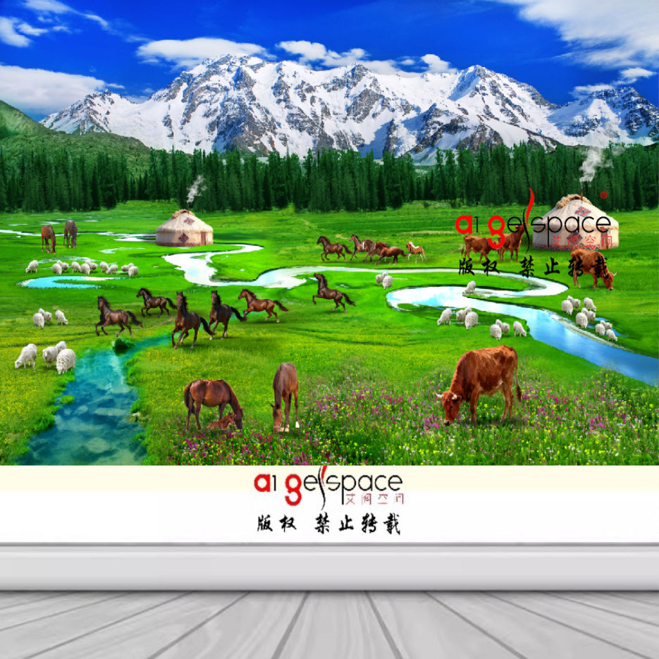 艾阁壁画独家设计蒙古雪山草原