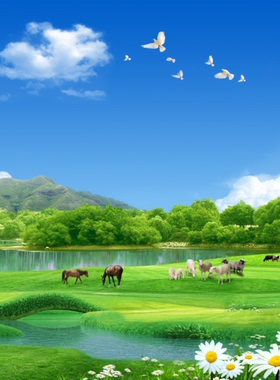 FJ02155清晰蓝天白云草地马群牛羊大山靠山沙发墙背景墙无缝环保