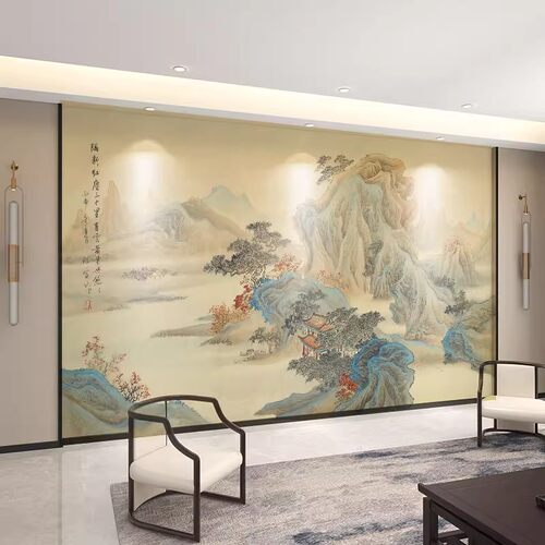 新中式电视背景墙壁纸禅意古风水墨山水暖客厅书房茶室壁画G02229