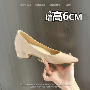 真皮裸色内增高尖头单鞋女春夏浅口露趾缝百搭软底工作通勤高跟鞋