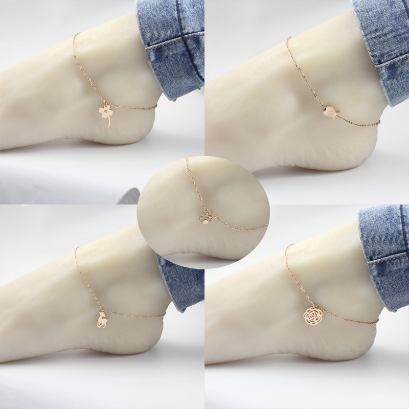 日韩版玫瑰金气质爱心形四叶草脚链防过敏简约百搭学生女士足链脚