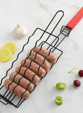 BBQ Grill Basket Black Iron Art Hot Dog Clamp Camping Tool