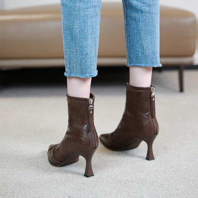 法式尖头高跟短靴女2025新款秋冬马丁靴高级感细跟百搭踝靴瘦瘦靴