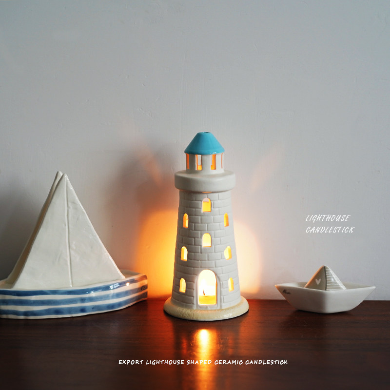 【烛台】出口欧式手绘灯塔造型陶瓷烛台 海洋系列餐桌布置蜡烛台