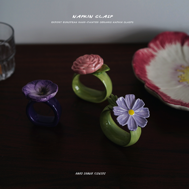 出口欧式手绘陶瓷花卉造型餐巾扣