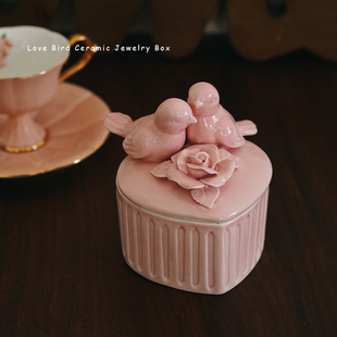 浪漫小礼物 出口欧式爱情鸟粉色爱心陶瓷首饰盒 造型戒指手链收纳