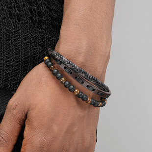 绿松石手链男嘻哈复古编织皮绳多层叠戴手环男女同款 火山石 GRGR