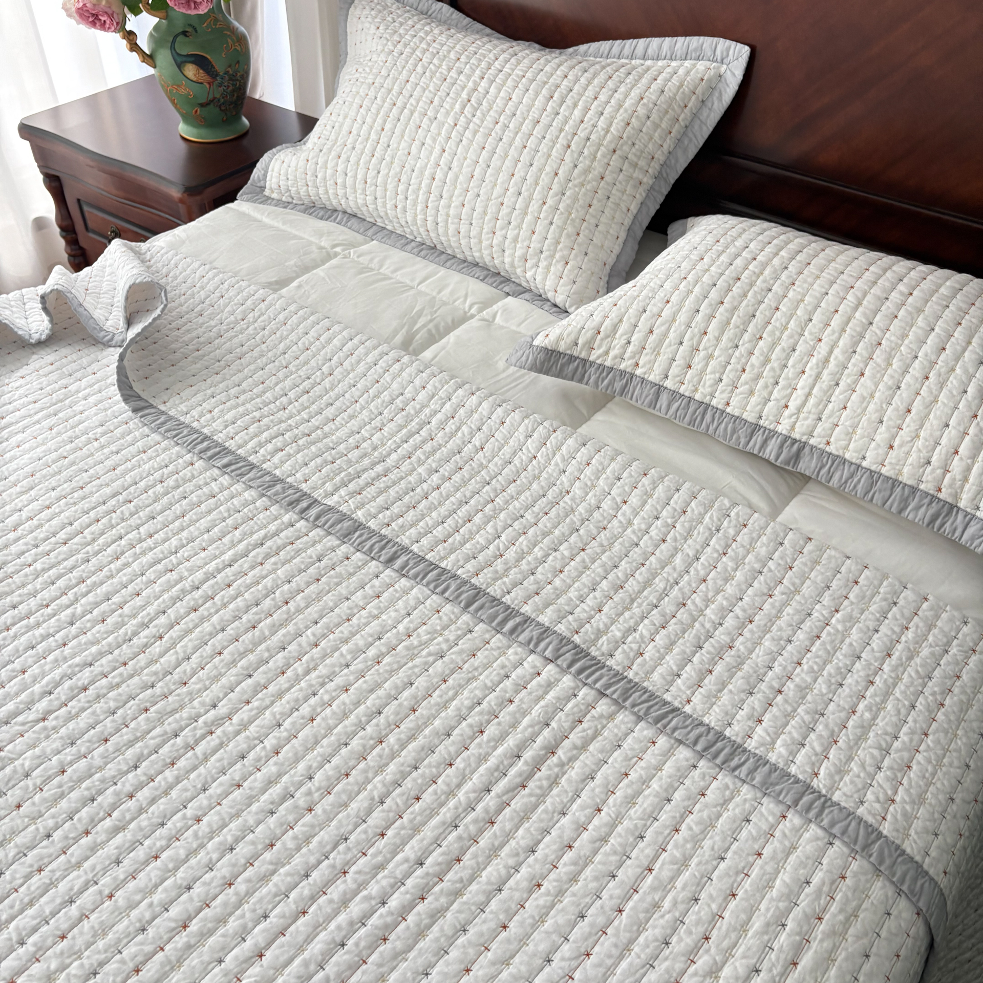 高性价比！巴厘纱韩式棉花填充柔软全棉床盖三件套纯色四季通用