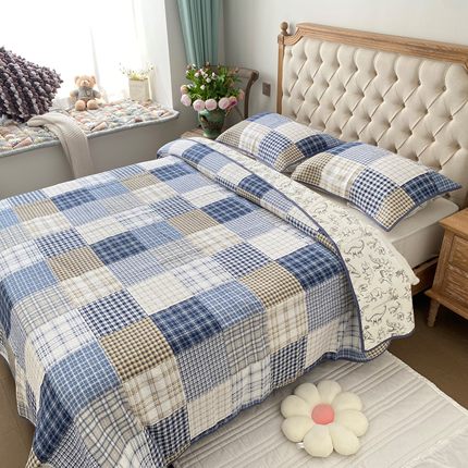 Flowering床盖床单绗缝被全棉纯棉夹棉加厚空调被三件套格子1.5米