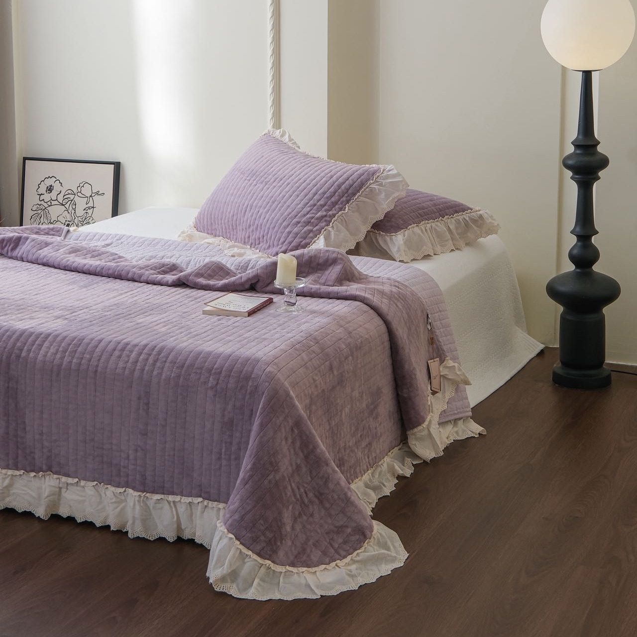 2025法式花边纯色一面绒一面纯棉冬季夹棉加厚床盖三件套保暖床单,床上用品,床盖,淘宝优惠券,粉丝福利购,淘宝优惠卷