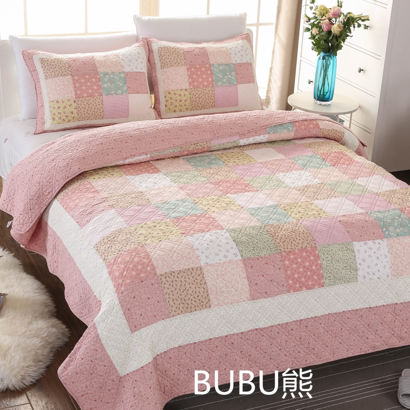 BUBU熊韩式田园衍缝被单件床盖三件套空调被子母夏纯棉蓝色多尺寸