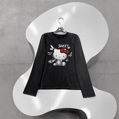 现H 韩代东大门PEPPER同款宽松Kitty猫卡通印花上衣磨毛长袖T恤女