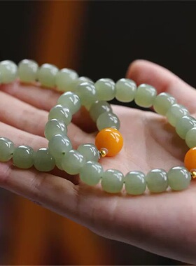 天然和田玉老蜜蜡手串女款琥珀圆珠鸡油黄配珠手串手链送女友礼物