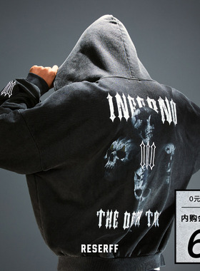 RESERFF TOURS 复古印花做旧洗水 500G重磅宽松廓形套头拉链卫衣