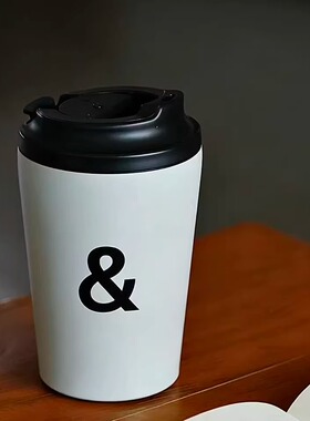 日系ins风格不锈钢保温咖啡杯便携式按压盖字母白色水杯
