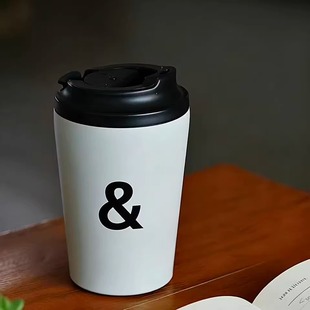 304不锈钢保温咖啡杯便携式 按压盖字母白色水杯