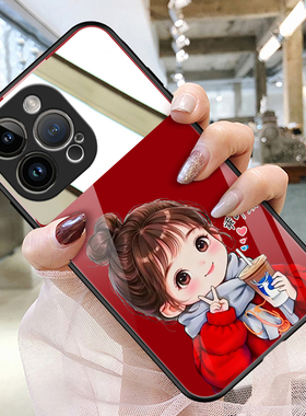 乖丫头适用苹果16promax手机壳玻璃iphone17带镜子苹果15plus补妆镜苹果14女13中国红高级