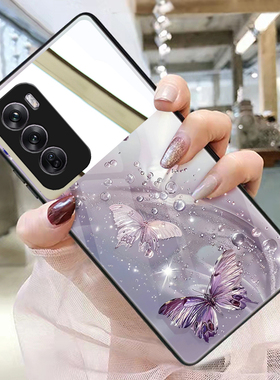 适用opporeno12手机壳玻璃带镜子镜面reno11pro补妆镜reno10个性reno9定制reno8女款两只蝴蝶