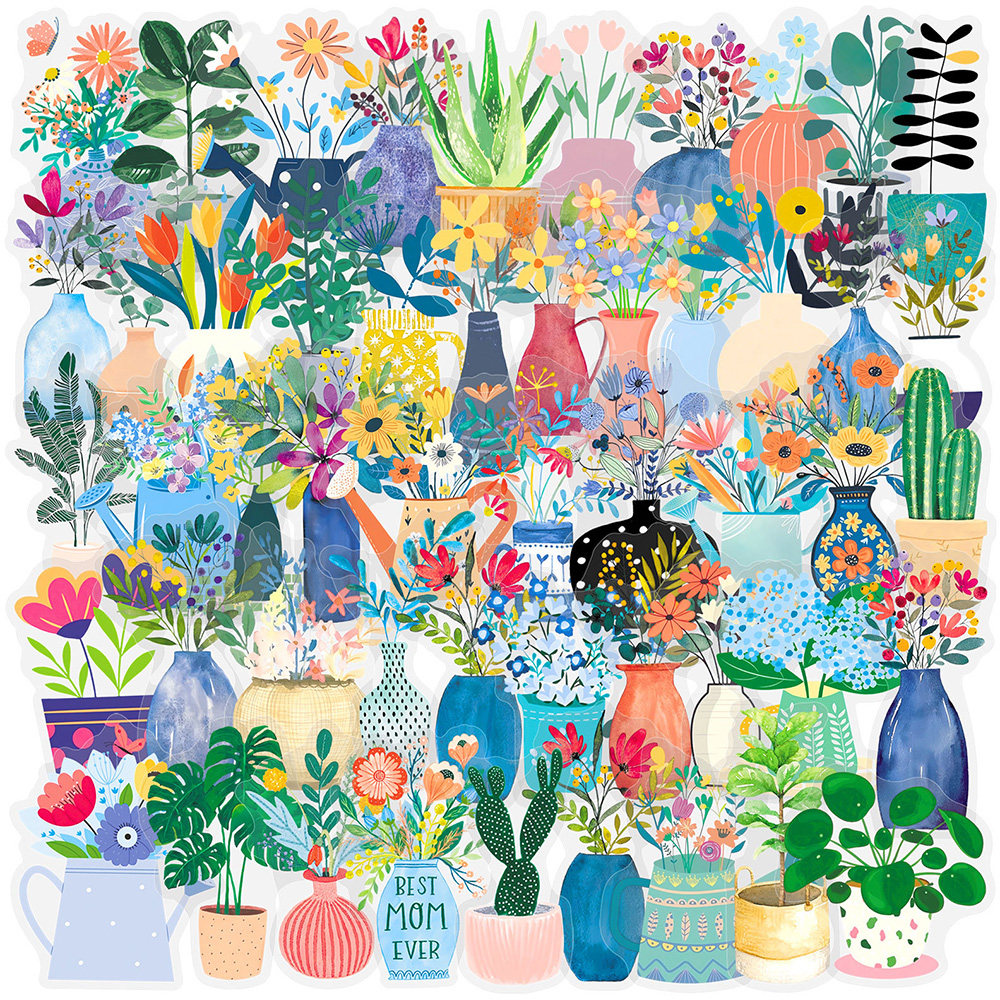 100张植物花卉盆栽PET贴纸ins简约小清新绿植盆景diy装饰手账贴画