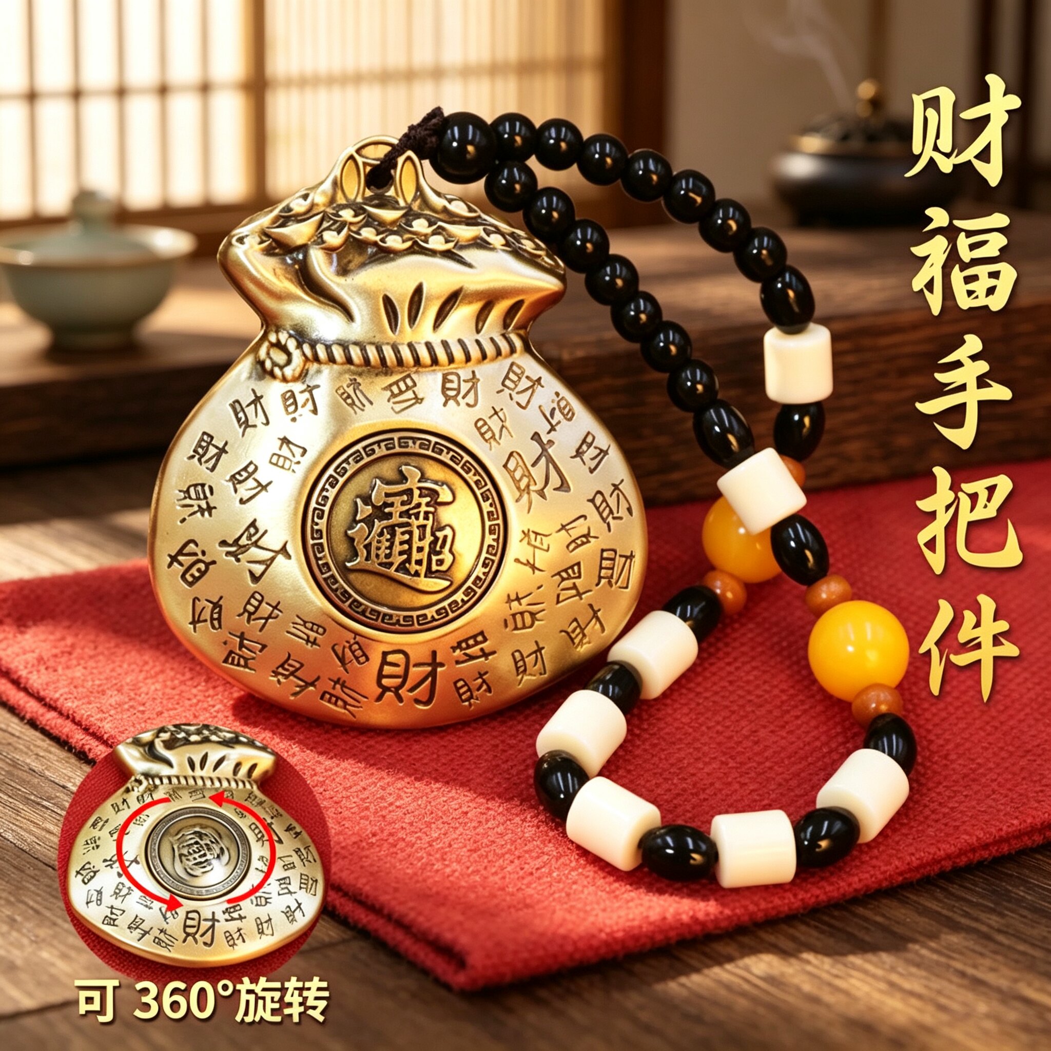 黄铜百福钱袋招财转运挂件