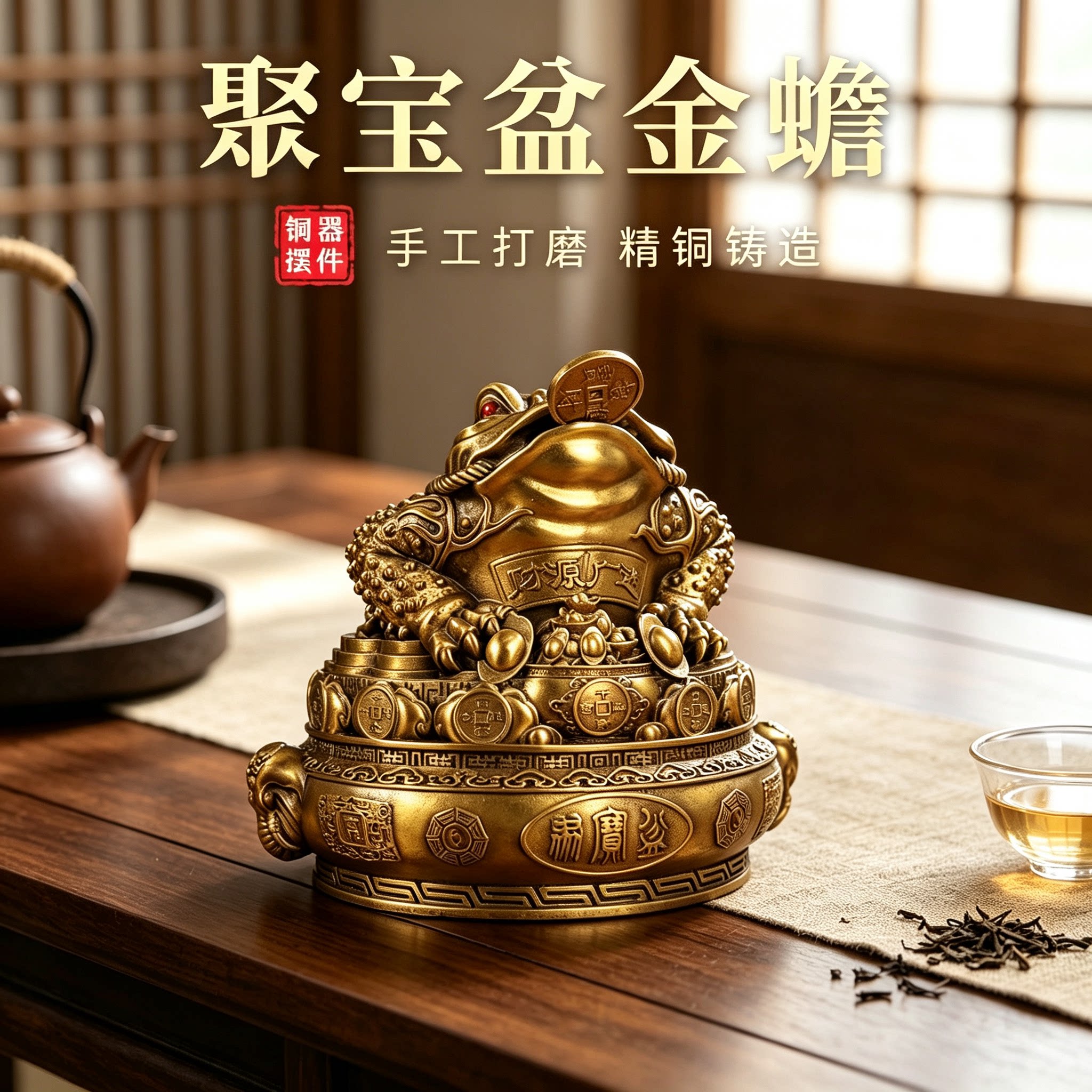 黄铜金蟾摆件元宝铜钱三足金蟾聚宝盆客厅吉祥物店铺开业礼品