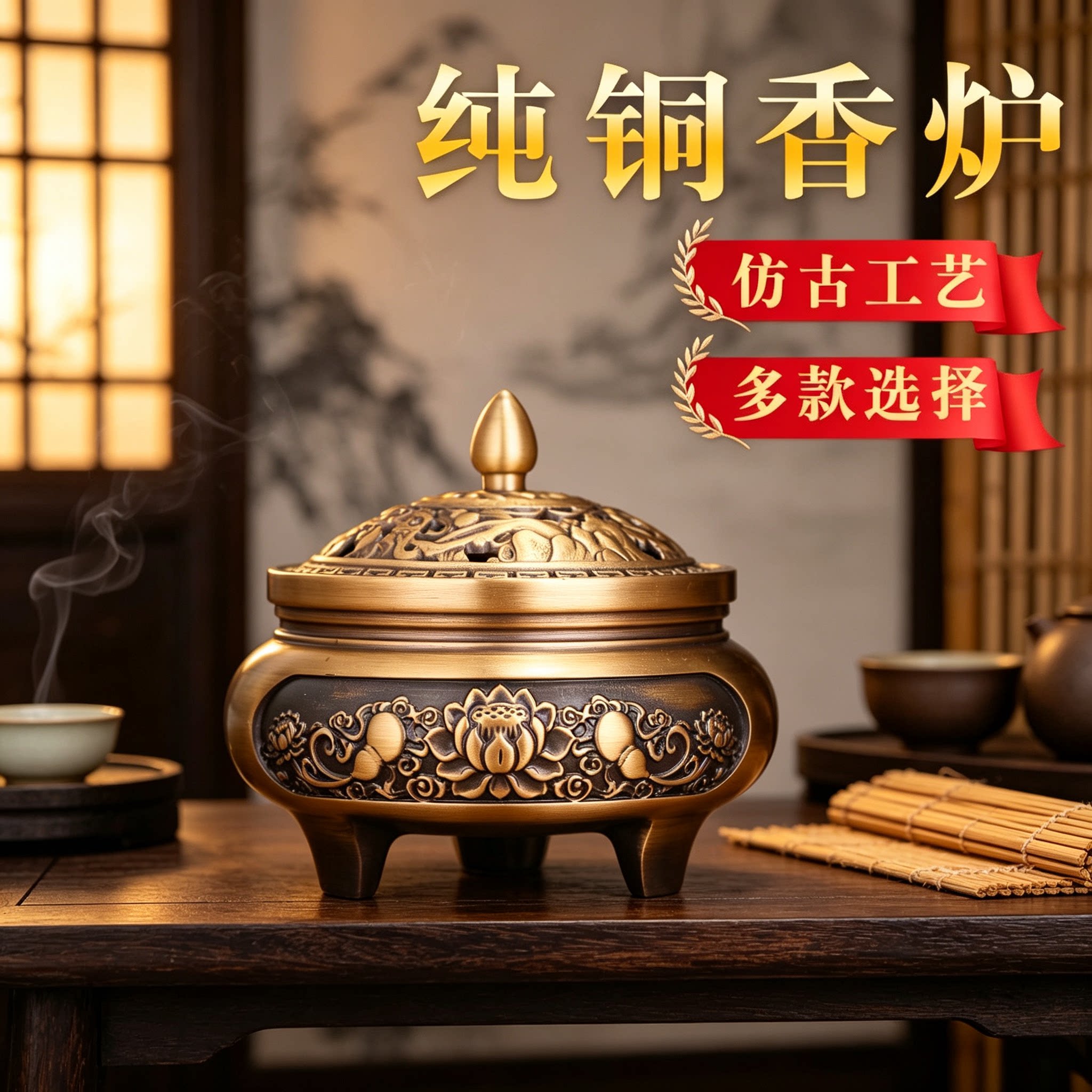纯铜香炉仿古三足莲花檀香炉浮雕家用室内禅意熏香炉供佛摆件