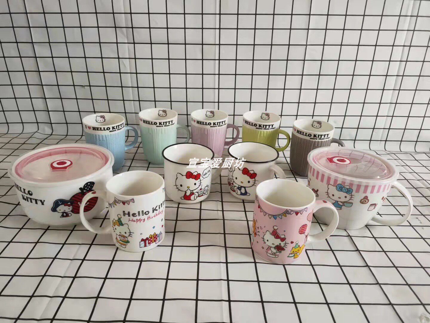 HolleKitty杯子陶瓷办公室喝水马克杯保鲜扣泡面碗可爱大容量家用