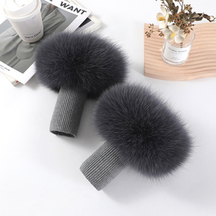 毛圈袖套真狐狸毛袖套女秋冬保暖加绒防寒毛毛袖口套深灰色针织