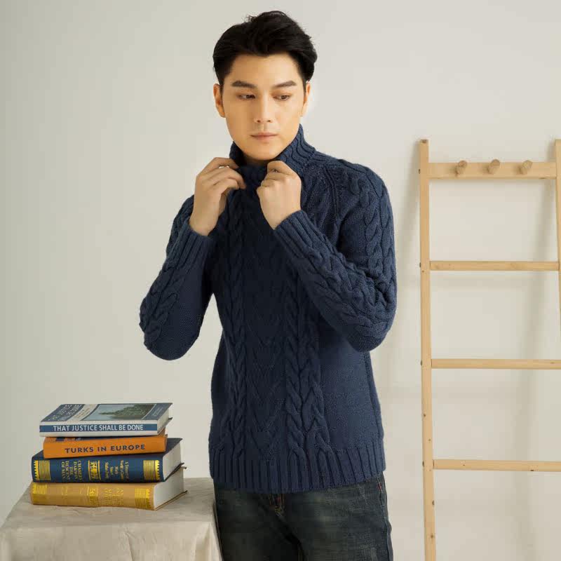 金手织纯手工编织羊毛线原创秋冬新款套头高翻领灰色麻花男士毛衣