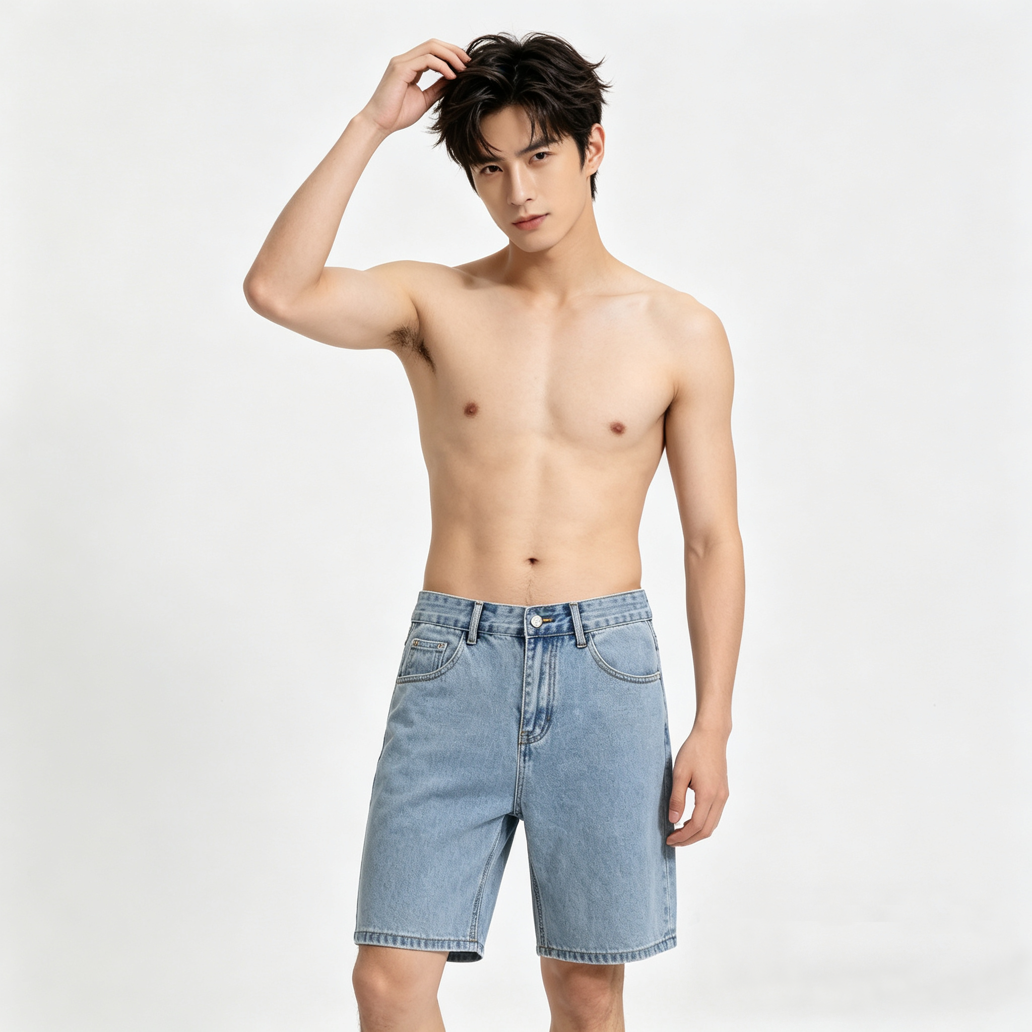 夏季潮流薄款浅蓝直筒牛仔短裤男