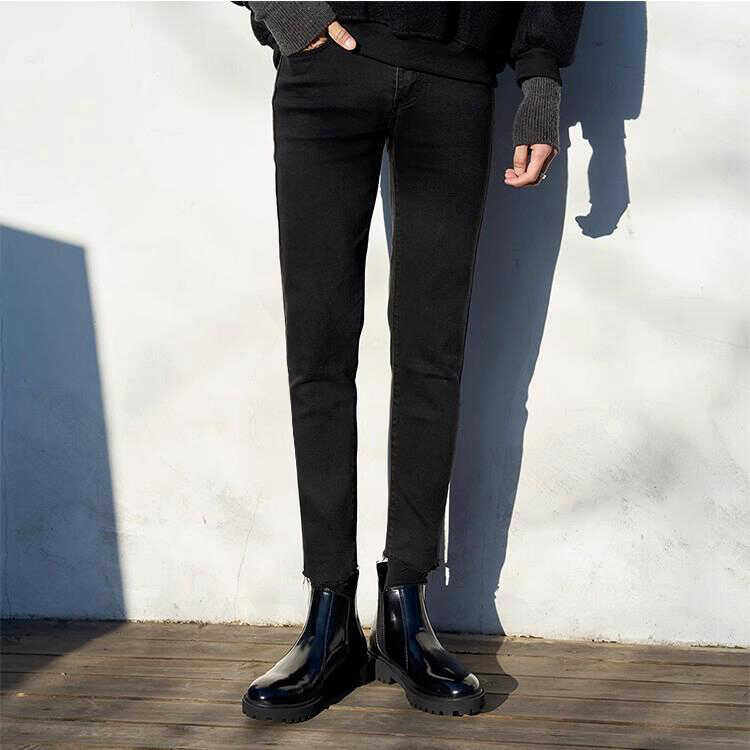 王一博薄款黑色高弹力牛仔裤男修身高端痞帅紧身高街小脚九分裤子