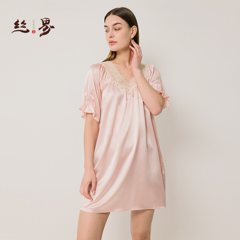 2022年新款夏季性感蕾丝拼接半袖睡裙100%桑蚕丝真丝睡衣女家居服