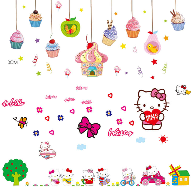 猫咪hellokitty自粘蝴蝶结卡通墙贴纸卧室儿童房书房背景墙壁贴画