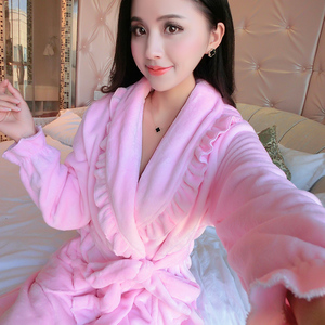 法兰绒睡袍女冬季加厚加长款韩版甜美可爱男士情侣珊瑚绒浴袍睡衣