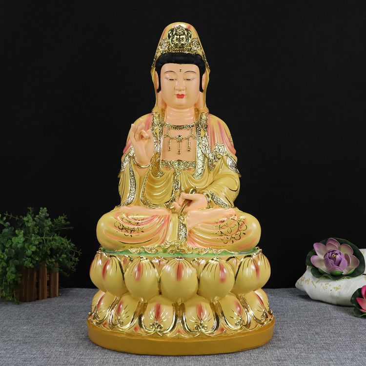 19寸家居中式七彩敦煌坐全莲观世音菩萨滴水宝瓶自在观音佛像摆件