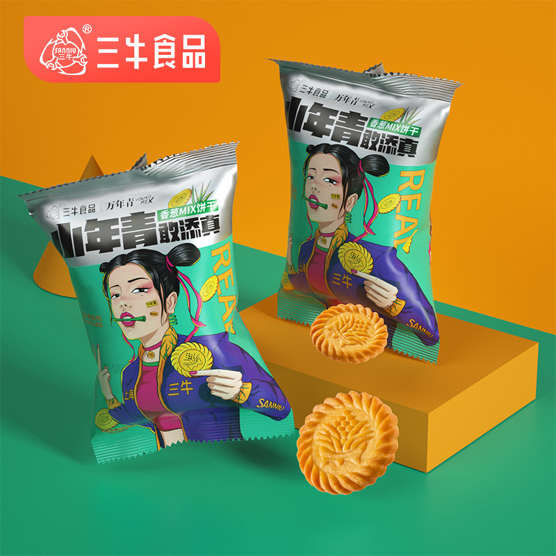 上海三牛小年青饼干120g*4包葱油咸味饼干小圆饼 - 实物图