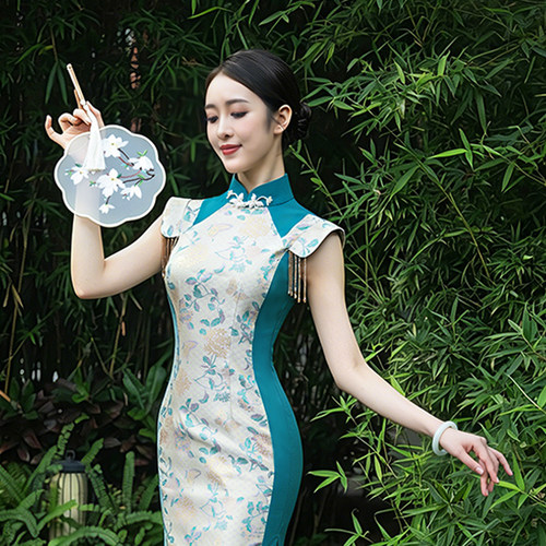 锦裳添花孔雀蓝提花旗袍