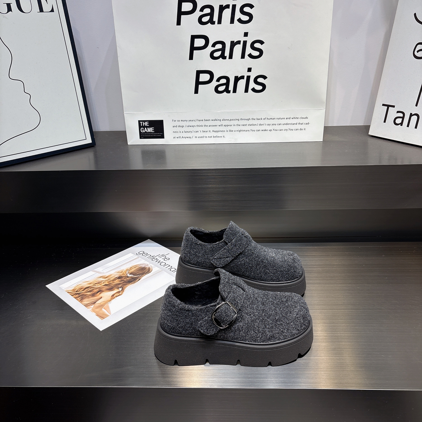 毛呢增高舒适保暖厚底勃肯鞋女