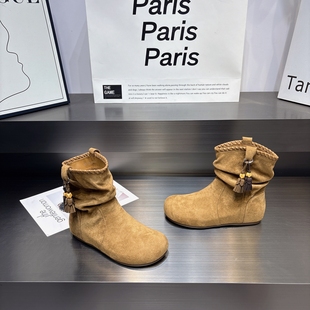 法式绒面复古堆堆短靴女2025秋季新款内增高显瘦舒适软底勃肯裸靴