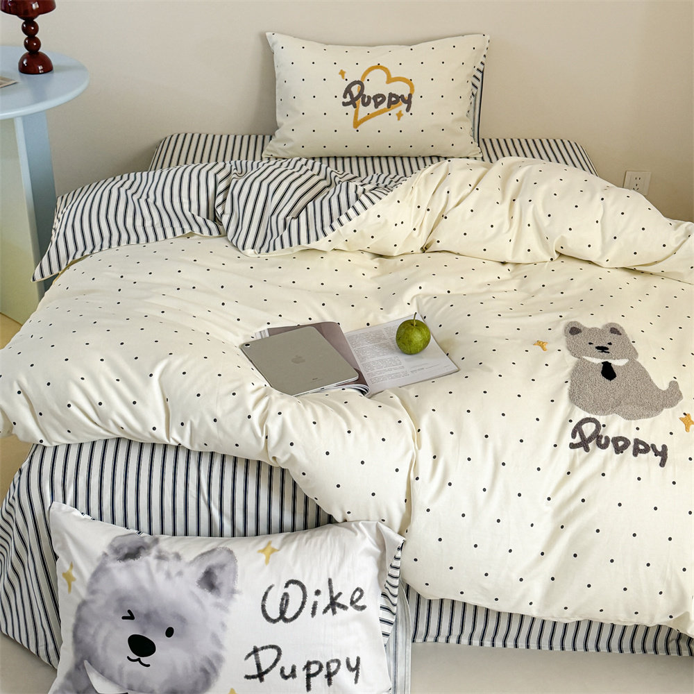 全棉可爱卡通狗狗先生毛巾绣单人宿舍1.2床笠双人床上用品四件套