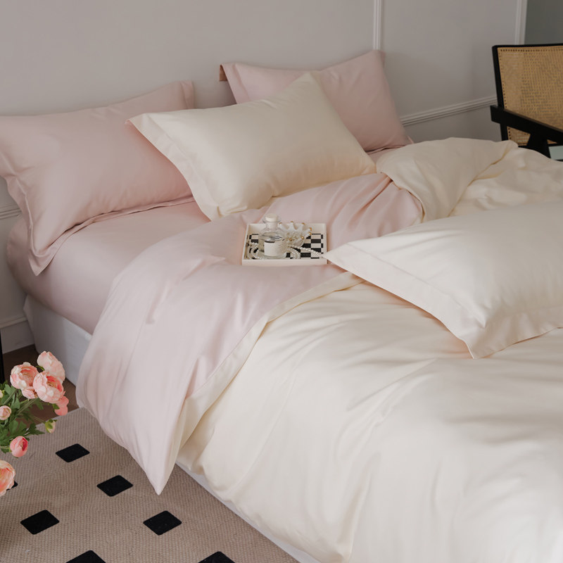 全棉长绒棉轻奢贡缎50支双股简约纯色学生双人床上用品四件套1.2