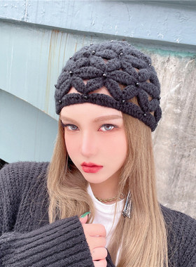 CREAMPP 原创优雅复古厚马海毛大镂空串珠清新圆顶手钩包头针织帽