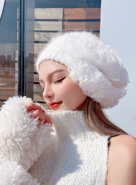 CREAMPP 原创慵懒浪漫白百褶网纱珍珠厚兔毛针织大圆面贝雷毛线帽