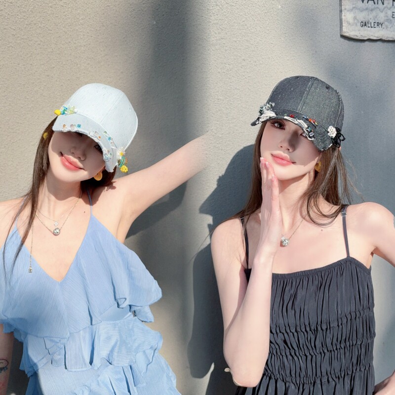 NIUYANG 原创清新梦幻糖豆颗粒手缝水晶珠花破洞质感高颅顶鸭舌帽