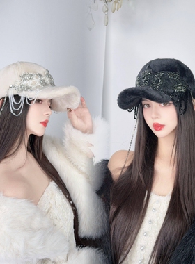 NIUYANG 原创巴洛克复古厚毛绒质感皇冠蕾丝水晶流苏高颅顶鸭舌帽