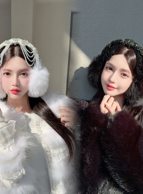 CREAMPP 原创巴洛克水晶流苏重工耳包芬兰整皮狐狸毛保暖奢华耳罩
